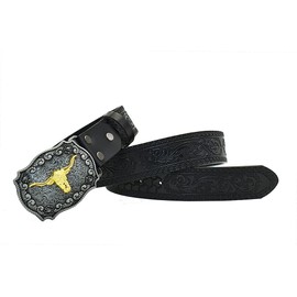 Gudoye Western Cow Head Cowboy Print Flower Retro Men Leather Belt (115cm, Black)