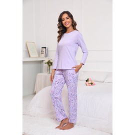 PNAEONG Women's Cotton Long-Sleeve Tops and Full-Length Pajama Set Two-Piece Pjs with Pockets Purple,XL