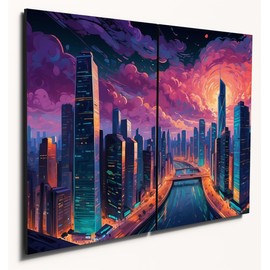 The Plum Penguin Futuristic Cityscape Wall Art Van Gogh Style, Twin Set A4 MDF, Neon Dusk City Decor Canvas Alternative 40 x 30cm