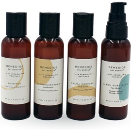 Remedios del Bosque Kit Esenciales de Viaje, Limpia, Hidrata y Humecta Cabello, Cara y Cuerpo, Tamaño para llevar en Avión, para toda la Familia.