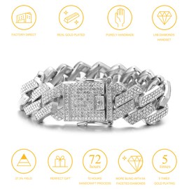 Halukakah Diamond Gold Chain for Men Iced Out, 20 mm Diamond Flash Three Row Diamonds 18 Carat Real Gold-Plated / Platinum White Gold Bracelet, Laboratory Diamonds Hand Inlaid, Gift for Him, Brass, No