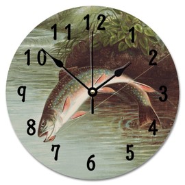 ArogGeld Rainbow Trout Fish Wall Clock Rod Inn FishingLarge Wooden Wall Clocks Battery Operated 10 Inch Farmhouse Hanging Clock Modern Wall Decor for Bedroom Living Room Kitchen School Office