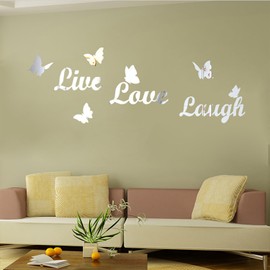 Love Live Laugh Letter Sign Decor,Wall Stickers, Silver Butterfly Mirror Wall Decor for Home Indoor Outdoor Bedroom Living Room Bathroom and Office