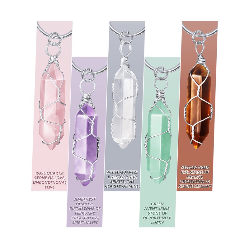 Sureio 5 Pieces Multicolor Crystals Stone Keychain Wire Wrapped Stones