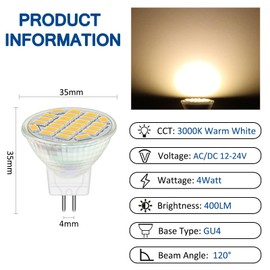 Akynite MR11 GU4 12V LED 4W Warm White 3000K, 120 Degrees, 400LM, MR11 35W Halogen Replacement, AC DC 12V-24V LED Recessed Spotlight GU4 MR11 Warm White for Ceiling Light, Not Dimmable, Set of 4