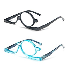 MMOWW 2 Pack Makeup Reading Glasses for Women Magnifying Flip Down Cosmetic Eyeglasses (Black+Blue,+3.5)