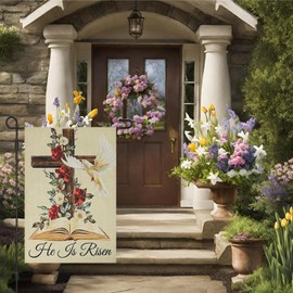 Vigor Home He Is Risen Easter Garden Flag Double Sided 12×18 Inch,Cross Flowersn Dove Decorations Outside Small Burlap Religious Holiday Yard Flag