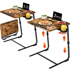 TV Trays Set of 2 - Folding TV Tray Adjustable Dinner Trays for Eating On Couch Wooden Tables Mate Stand Foldable Rustic Desk with Cup Holder Portable
