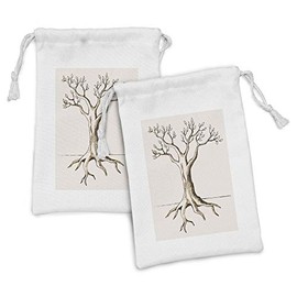 Lunarable Tree of Life Fabric Pouch Set of 2, Hand Sketch of Tree with Few Leaves Branches Ready for Growth Fertile Print, Small Drawstring Bag for Toiletries Masks and Favors, 9" x 6", Cream Brown