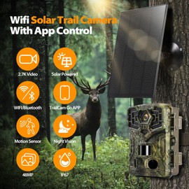 WiFi Solar Trail Camera - 2.7K 48MP Game Camera with Night Vision & 0.2s Trigger Speed, IP66 Waterproof, 32GB SD Card Included, 850nm Low Glow IR for Wildlife Monitoring
