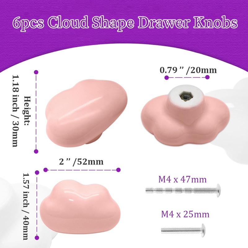 Qjaiune 6pcs Ceramic Cabinet Knobs Pink Drawer Knobs, Cloud Shaped
