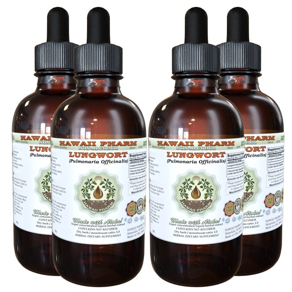 HawaiiPharm Lungwort Alcohol-Free Liquid Extract, Organic Lungwort (Pulmonaria officinalis) Dried Leaf Glycerite 4x4 oz