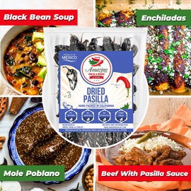 Pasilla Chiles Dried 8 oz - Staple For Mexican Cooking, Moles, Sauces, Stews, Salsa, Soups. Mild Heat – Punget and Tangy Flavor. Resealable Bag. By Amazing Chiles and Spices.