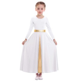 Z&X Girl's Praise Dance Full Length Wide Swing Long Sleeve Liturgical Worship Church Lyrical Dancewear Robe Skirt Dress, 08 White, 11-12 Years
