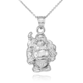 925 Sterling Silver Good Luck Charm Laughing Buddha Pendant Necklace, 20"