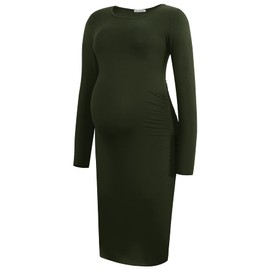 Smallshow Women's Long Sleeve Maternity Dress Ruched Pregnancy Clothes Medium Army Green