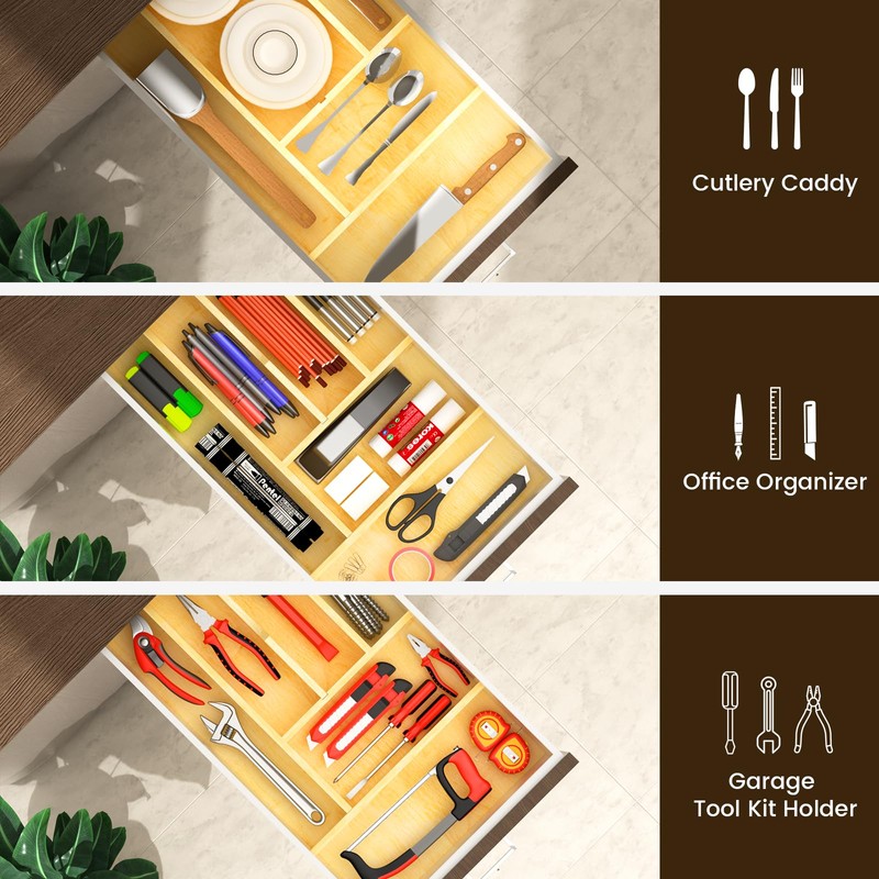 Evjocoh Silverware Drawer Organizer Wood with Adjustable Partition Utensil Cutlery
