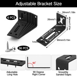 Set of 6 Adjustable Mounting Brackets with 2 Long Hole, L Shape Angle Connector, Black, 90 Degree Metal Angle, Furniture Angle, Mounting Angle 90 Degree Long with Screws for Shelf Table Chair, 8 x 4