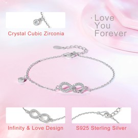 ZHOU LIU FU Infinity Symbol Women's Bracelet, 925 Sterling Silver Cubic Zirconia Bracelet, Adjustable 16 + 3 cm Charm Bracelets, Gift for Her Women Mum, Sterling Silver, Cubic Zirconia
