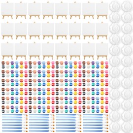 Gabotrie 24 Pcs Canvas Boards and Easel Acrylic Paint Set, 5.9x5.9In Canvas with Easel, 24 Mini Painting Canvas, 48 Brushes, 24 Palettes, 12 Colors Washable Acrylic Paint Strips for Art Painting Party