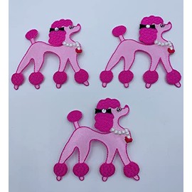 Trimplace Pink (2-3/4" X 2-3/4") Satin Embroidered Poodle with Rhinestone Bow Heat Seal Applique - 3 Pieces