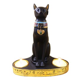 Ancient Egypt Egyptian Bastet Cat Goddess Statue Collectible Figurine Bastet Cat Sculpture with 2 Tea Light Candle Holder (Cat Statue with Candle Holder)