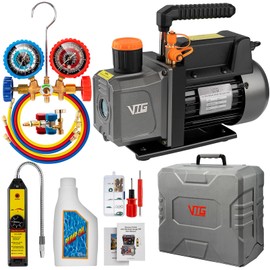 VTG VOGTEN 4.5 CFM AC Vacuum Pump and Gauge Set,for Mini Split/HVAC/Auto Systems,Manifold Gauge Kit Fits R134a R12 R22 R502,with Leak Detector,Upgraded Trifold Storage Case,3 Hoses,R134a Can Tap