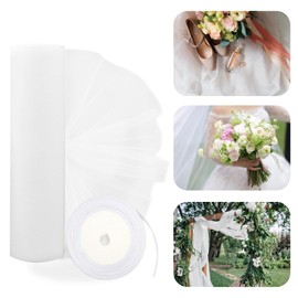 48 cm x 10 m Tulle Roll Organza Fabric as Decorative Fabric Tulle Fabric with White Ribbon Organza Table Runner Organza Ribbon Tulle White for Wedding, Tutu Skirt, Decoration, Sewing, Gifts,