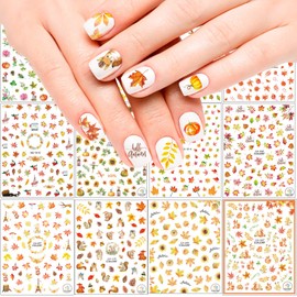 Adurself 1000+ Patterns Autumn Nail Art Decals Fall 3D Nail Self-Adhesive Stickers Harvest Pumpkin Maple Leaves Sunflower Squirrel for Women Girls Kids DIY Nail Design Manicure Thanksgiving Day