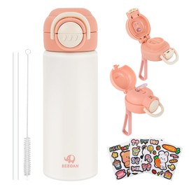 BEBOAN 550ml/18.6oz Kids Stainless Steel Insulated Water Bottle with Straw, Pink Metal Water Bottle for Kid, Double-Walled Thermal Bottle BPA-free, Flip up Child's Flask for Girls with 3 Cute Stickers