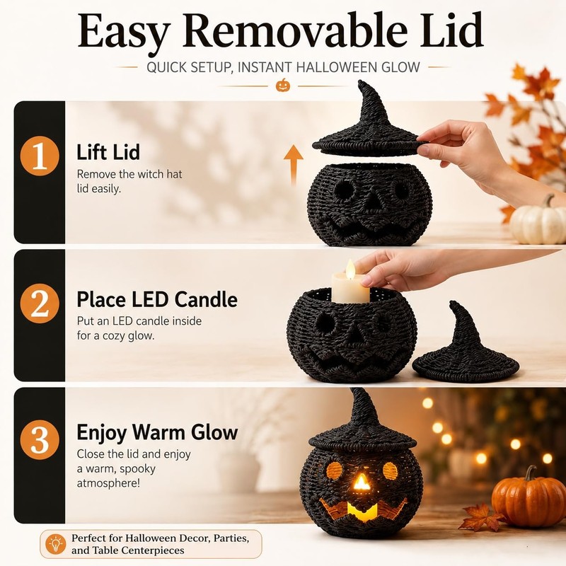 Black Handwoven Seagrass Pumpkin Jack-O-Lantern for Spooky Halloween Candy Storage,
