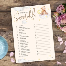 20 x Word Scramble Baby Shower Game – Unisex Neutral Teddy Bear Design (20 Guest Cards + 1 Card of Answers for The Host + Winner's Certificate)…