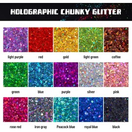 YUAKUOD T Brillo holográfico Grueso para Resina, 150 g, 15 Colores, Purpurina para Manualidades, Juego de Purpurina no tóxica para Resina epoxi, Purpurina Gruesa para Vasos, Cuerpo, Cara, uñas