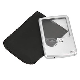 BORDSTRACT Lupa de Bolsillo con Luz LED, 3X 6X de Acrílico Tipo Tarjeta de Crédito con Estuche de Cuero para Lectura Joyería Experimentos Investigación Menú Viaje Plateado