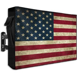 American Flag Outdoor TV Cover 60 to 65 Inch Weatherproof, Vintage Red Stripes 600D Oxford TV Covers with Waterproof Zipper, USA Flag Outside Flat TV Screen Protector Size 58"W x 37"H x 4.5"D