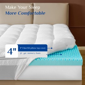 Dual Layer 4 Inch Memory Foam Mattress Topper Full Size, 3 Inch Cooling Egg Crate Gel Memory Foam Plus 1 Inch Down Alternative PillowTop Mattress Pad Cover with 8-21 Inch Deep Pocket