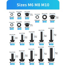 300Pcs Metric Flange Bolt Assortment, M6 M8 M10 Flange Hex Bolts and Nuts Washers Kit, Alloy Steel Class 10.9 Black Zinc Plated, M6x1.0, M8x1.25, M10x1.5 (12mm to 30mm) (Black)