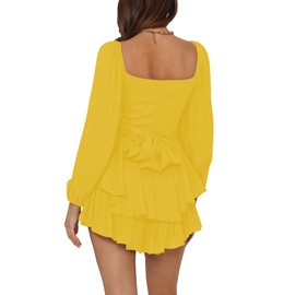 LYANER Women's Jumpsuit Lantern Long Sleeve Ruffle Layer Tie Mini Short Romper Yellow Small