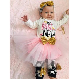 Wexuua My First New Year Outfits Baby Girl Ruffled Bodysuit + Tutu Skirt + Stripe Leg Warmers + Headband Newborn New Year Set