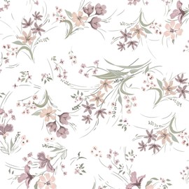 LiKiLiKi Peel and Stick Wallpaper Purple and Pink Floral Wallpaper Green Leaf Vintage Boho Self Adhesive Waterproof Contact Paper for Bedroom Bathroom Living Room Cabinets Vinyl Roll 17.3"x137"