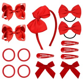 Xansema 15Pcs School Hair Bows Set for Girls, Uniform Hair Bows Hair Clips Hair Ties Headband Set Kids, Cute Hair Accessories for Party Favors (Red)