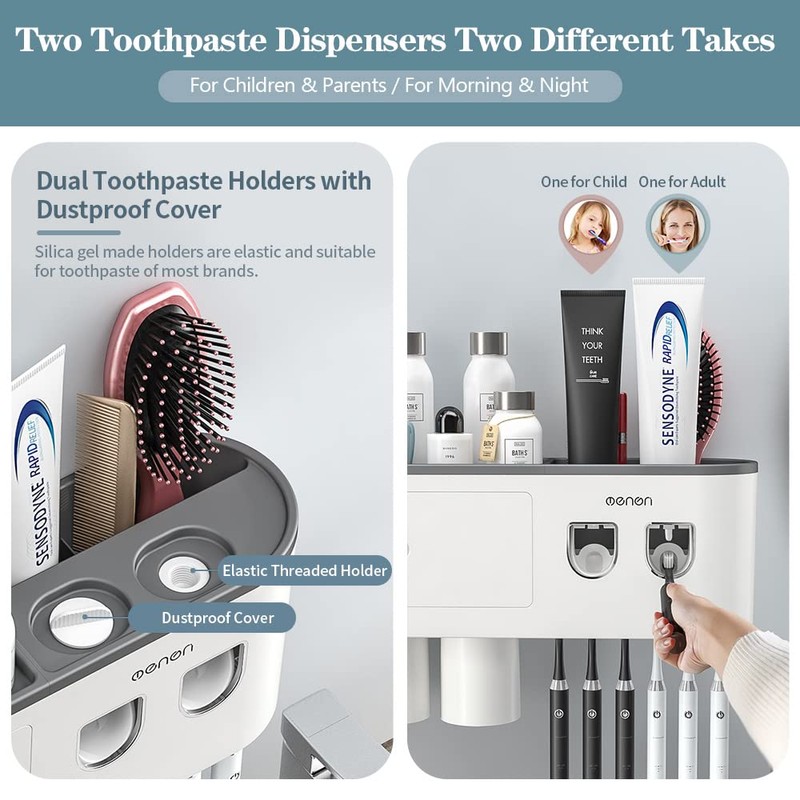 BHeadCat Toothbrush Holders Wall Mounted, Toothbrush Holder with Automatic Toothpaste