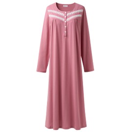 Keyocean Women Nightgowns, Soft Cotton Comfortable Long Sleeves Ladies Nightdress, Lotus Pink, XX-Large (XXL)