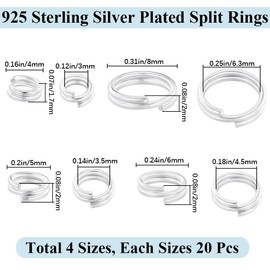 Beebeecraft 80 Pieces 4/5/6/8 mm Jump Rings with Double Loops, 925 Sterling Silver Split Rings, Plated Brass, with Storage Box for Making Necklaces, Bracelets, DIY Crafts