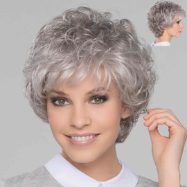 GNIMEGIL Short Grey Elderly Wigs Curly Wigs for White Women Gray Pixie Cut Wig with Bangs Layered Synthetic Natural Hairstyles Old Lady Costume Senior Ladies Wig