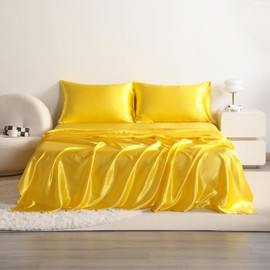 organictune King Satin Bed Sheet Set, 4 Pieces Bed Sheet Set with Silky Solid Color, 1 Deep Pocket Fitted Sheet, 1 Flat Sheet, and 2 Pillowcases, Yellow