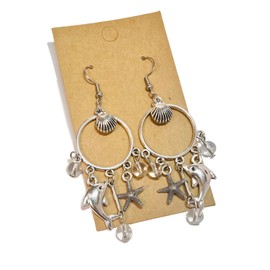 Cute Shell Earrings with Charms, Beach Jewelry, Silver Seashell Starfish Dophin Boho Beachy Drop Dangle Earrings for Women Girls Vacation (Dophin+Starfish)