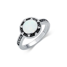 LELOUCHY 7 MM Round Cut White Opal Vintage Ring 925 Sterling Silver Created Opal Oxidized Statement Ring Size 8 for Boho Women Gifts