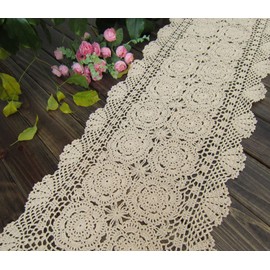 Lelefly Camino de mesa de algodón hecho a mano con encaje de ganchillo, rectangular, mantel, mantel, mantel, mantel, mantel, mantel, bufanda, decoración, 15 x 27 pulgadas, beige