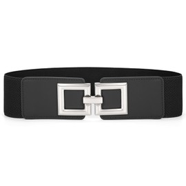 JasGood Women's Wide Elastic Waist Belt Vintage Waist Belt Stretchy Dresses Belt with Golden Buckle, Black (silver buckle)